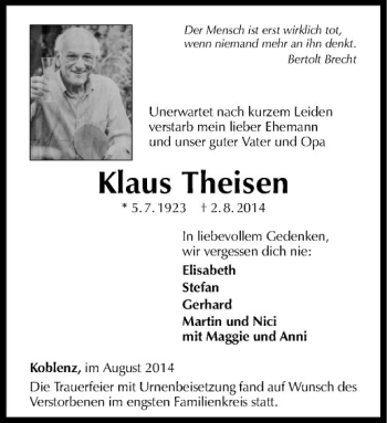 Anzeige von Klaus Theisen von Westfälische Nachrichten