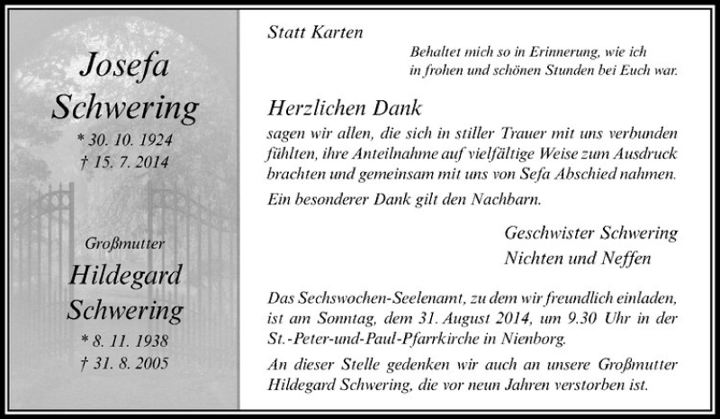  Traueranzeige für Hildegard Schwering vom 28.08.2014 aus Westfälische Nachrichten