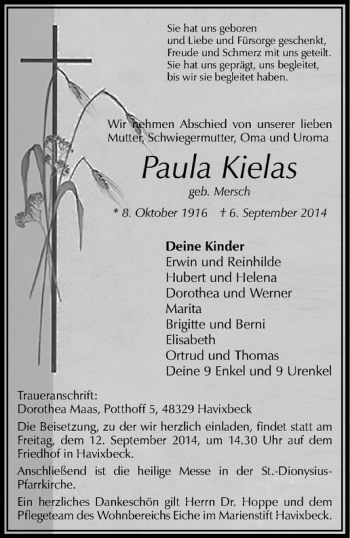 Anzeige von Paula Kielas von Westfälische Nachrichten