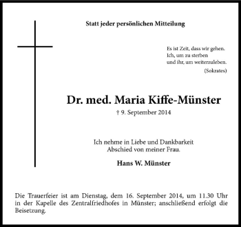 Anzeige von Maria Kiffe-Münster von Westfälische Nachrichten