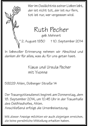 Anzeige von Ruth Pecher von Westfälische Nachrichten