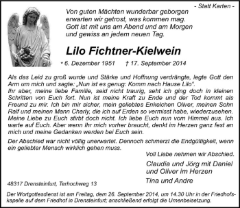 Anzeige von Lilo Fichtner-Kielwein von Westfälische Nachrichten