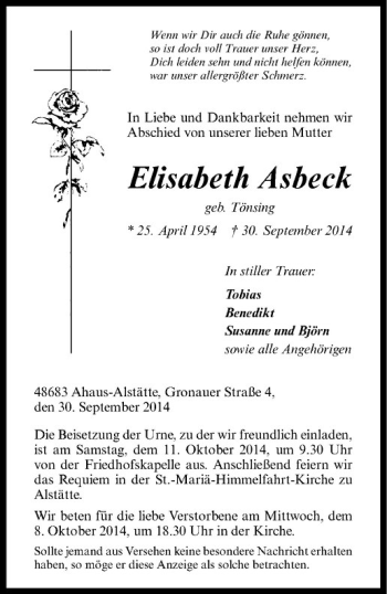 Anzeige von Elisabeth Asbeck von Westfälische Nachrichten