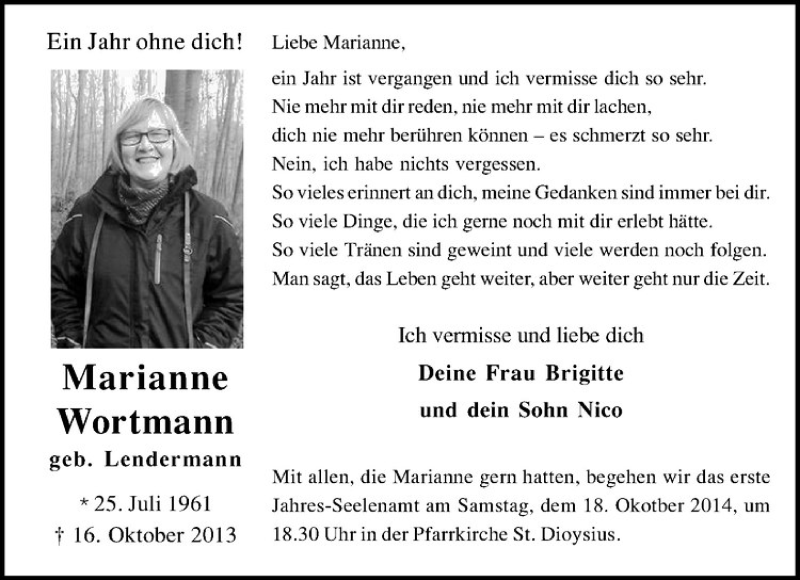  Traueranzeige für Marianne Wortmann vom 11.10.2014 aus Westfälische Nachrichten