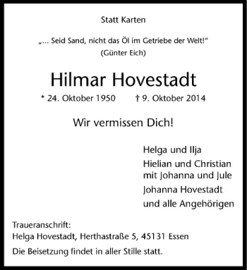 Anzeige von Hilmar Hovestadt von Westfälische Nachrichten