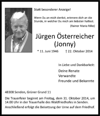 Anzeige von Jürgen Österreicher von Westfälische Nachrichten