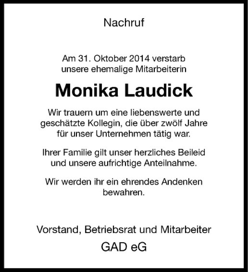  Traueranzeige für Monika Laudick vom 07.11.2014 aus Westfälische Nachrichten