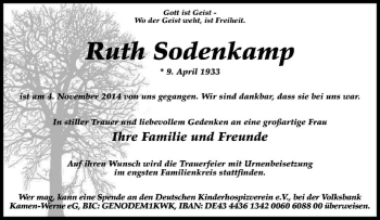 Anzeige von Ruth Sodenkamp von Westfälische Nachrichten