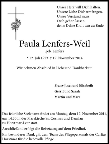 Anzeige von Paula Lenfers-Weil von Westfälische Nachrichten