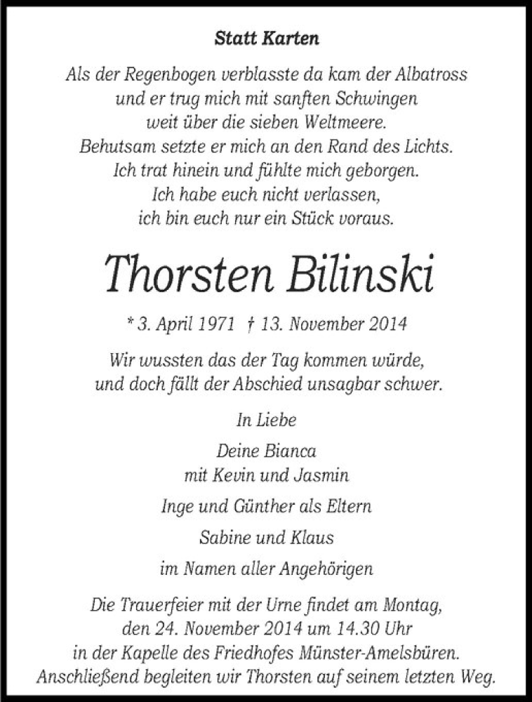  Traueranzeige für Thorsten Bilinski vom 19.11.2014 aus Westfälische Nachrichten