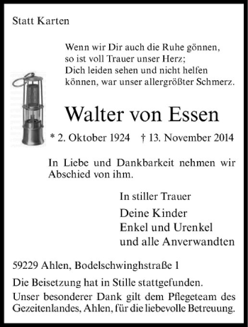 Anzeige von Walter von Essen von Westfälische Nachrichten