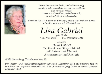 Anzeige von Lisa Gabriel von Westfälische Nachrichten