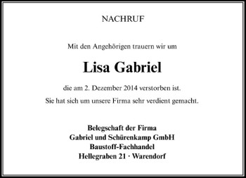 Anzeige von Lisa Gabriel von Westfälische Nachrichten