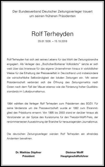 Anzeige von Rolf Terheyden von Westfälische Nachrichten