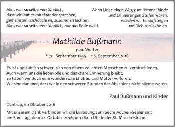 Anzeige von Mathilde Bußmann von Westfälische Nachrichten