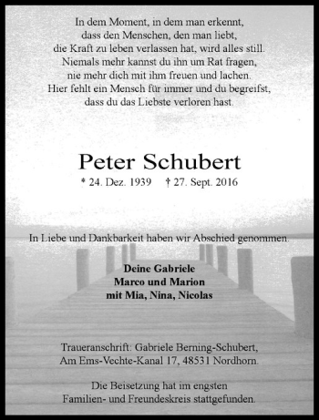 Anzeige von Peter Schubert von Westfälische Nachrichten