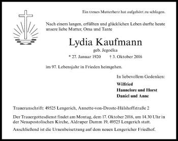 Anzeige von Lydia Kaufmann von Westfälische Nachrichten