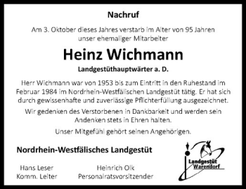 Anzeige von Heinz Wichmann von Westfälische Nachrichten