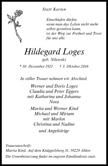 Anzeige von Hildegard Loges von Westfälische Nachrichten