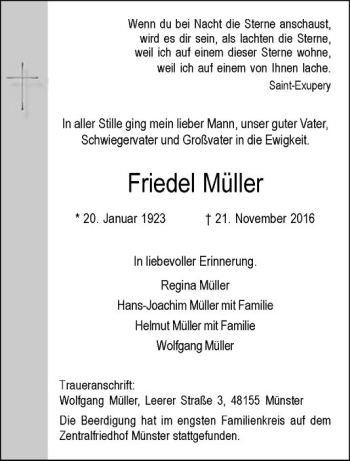 Anzeige von Friedel Müller von Westfälische Nachrichten