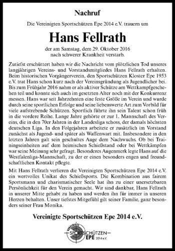 Anzeige von Hans Fellrath von Westfälische Nachrichten