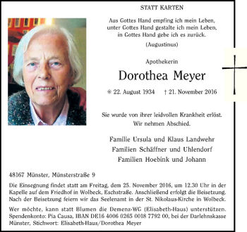 Traueranzeigen von Dorothea Meyer | www.trauer.ms