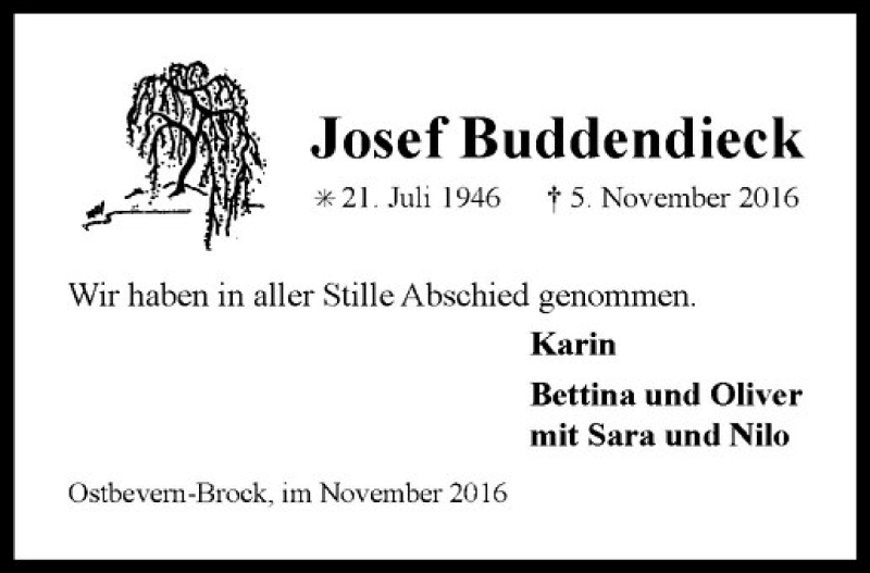  Traueranzeige für Josef Buddendieck vom 23.11.2016 aus Westfälische Nachrichten