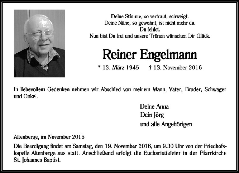 Traueranzeigen Von Reiner Engelmann | Www.trauer.ms