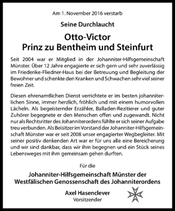 Anzeige von Otto-Victor Prinz zu Bentheim und Steinfurt von Westfälische Nachrichten