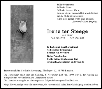 Anzeige von Irene ter Steege von Westfälische Nachrichten