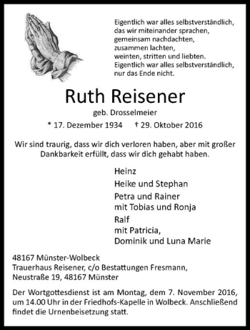 Anzeige von Ruth Reisener von Westfälische Nachrichten