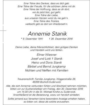 Anzeige von Annemie Stanik von Westfälische Nachrichten