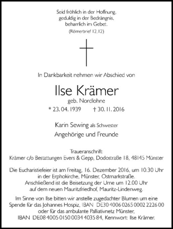 Anzeige von Ilse Krämer von Westfälische Nachrichten