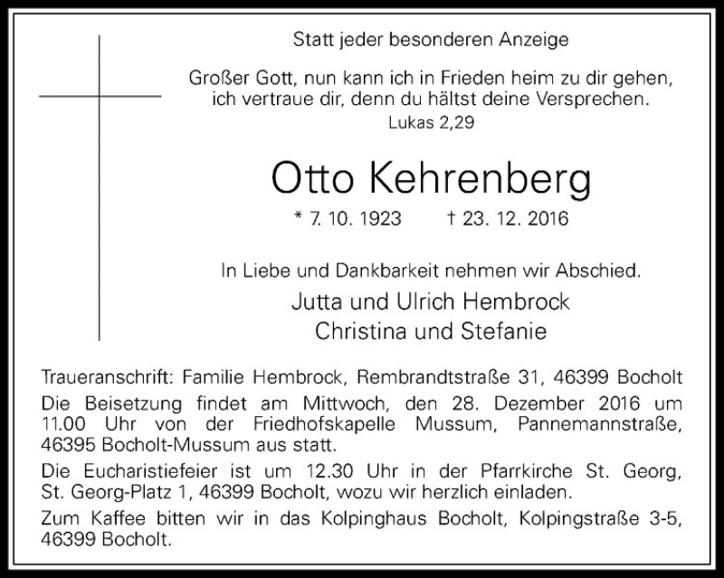  Traueranzeige für Otto Kehrenberg vom 24.12.2016 aus Westfälische Nachrichten