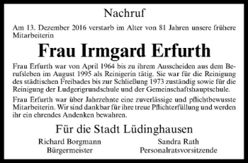 Anzeige von Irmgard Erfurth von Westfälische Nachrichten