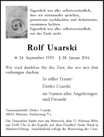 Anzeige von Rolf Usarski von Westfälische Nachrichten