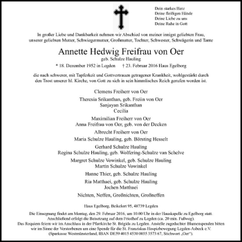 Anzeige von Annette Hedwig Freifrau von Oer von Westfälische Nachrichten