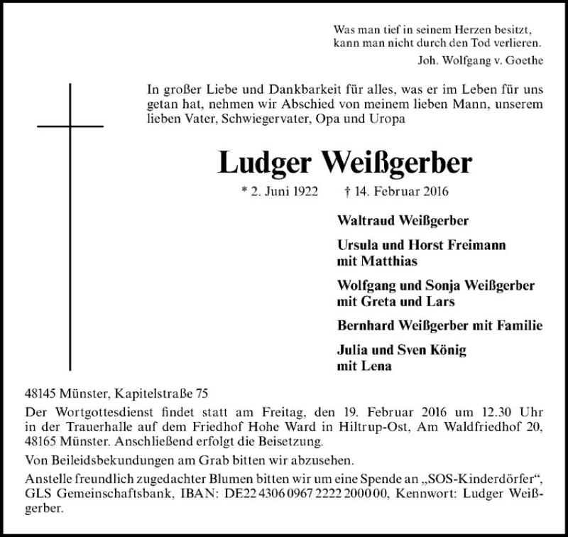 Traueranzeigen Von Ludger Weissgerber Www Trauer Ms