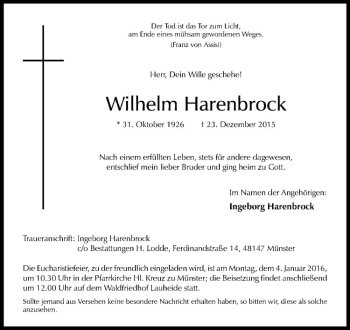 Anzeige von Wilhelm Harenbrock von Westfälische Nachrichten