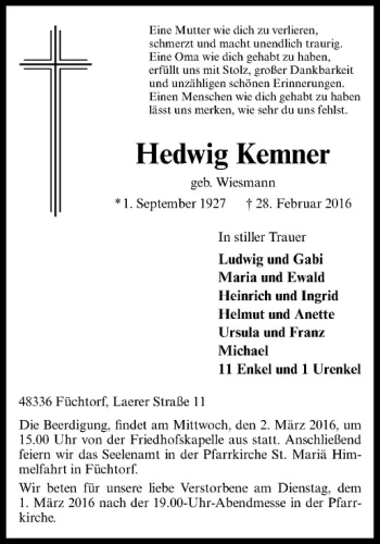 Traueranzeigen Von Hedwig Kemner | Www.trauer.ms