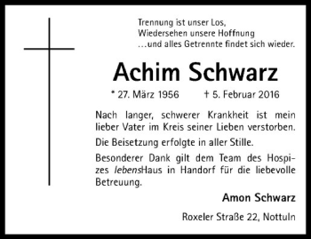 Anzeige von Achim Schwarz von Westfälische Nachrichten