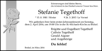 Anzeige von Stefanie Tegethoff von Westfälische Nachrichten