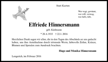 Anzeige von Elfriede Hinnersmann von Westfälische Nachrichten