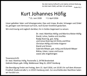 Anzeige von Kurt Johannes Höfig von Westfälische Nachrichten