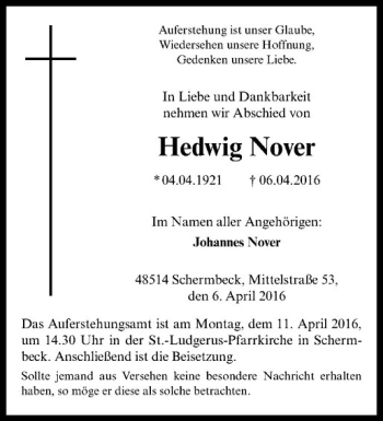 Anzeige von Hedwig Nover von Westfälische Nachrichten