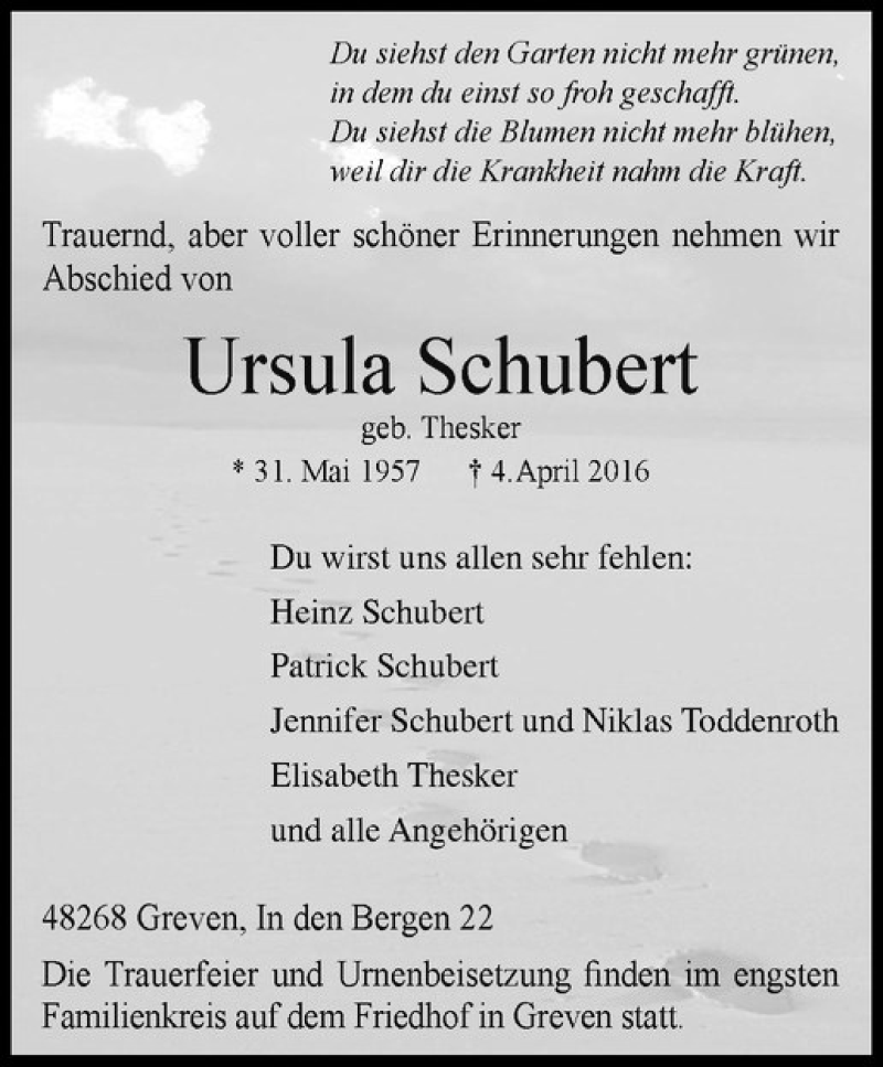  Traueranzeige für Ursula Schubert vom 06.04.2016 aus Westfälische Nachrichten