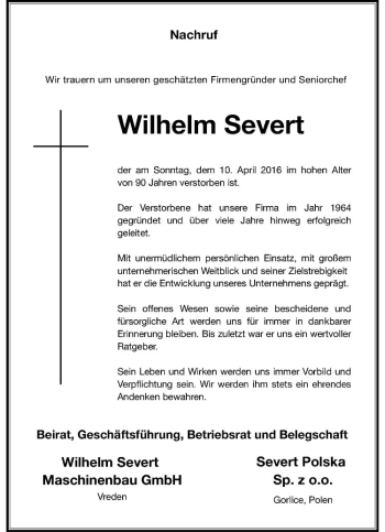 Anzeige von Wilhelm Severt von Westfälische Nachrichten