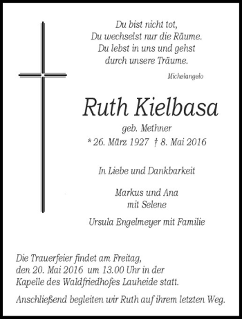 Anzeige von Ruth Kielbasa von Westfälische Nachrichten