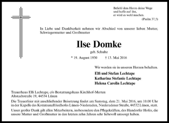 Anzeige von Ilse Domke von Westfälische Nachrichten