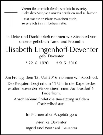 Anzeige von Elisabeth Lingenhoff-Deventer von Westfälische Nachrichten